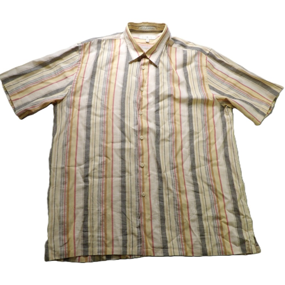 VTG 90s Joseph Abboud Men XL Linen Viscose Striped Short Sleeve Shirt Hong Kong - Picture 2 of 16